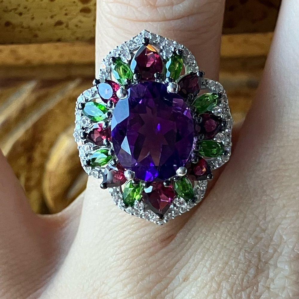 Moroccan Amethyst Chrome Diopside Sterling Silver Cocktail Ring Size 6